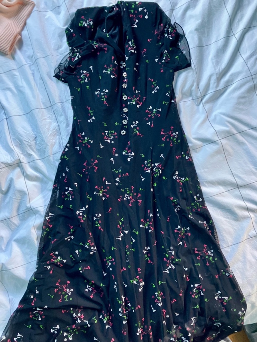 Black Floral Midi Dress with Pink & Green Accents